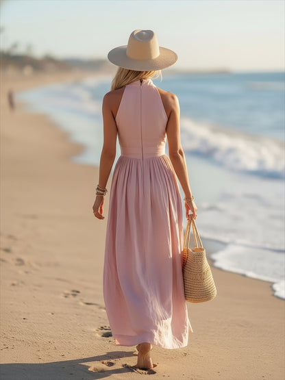 Julia Linen Blend Halter Maxi Dress with Ruched Waist