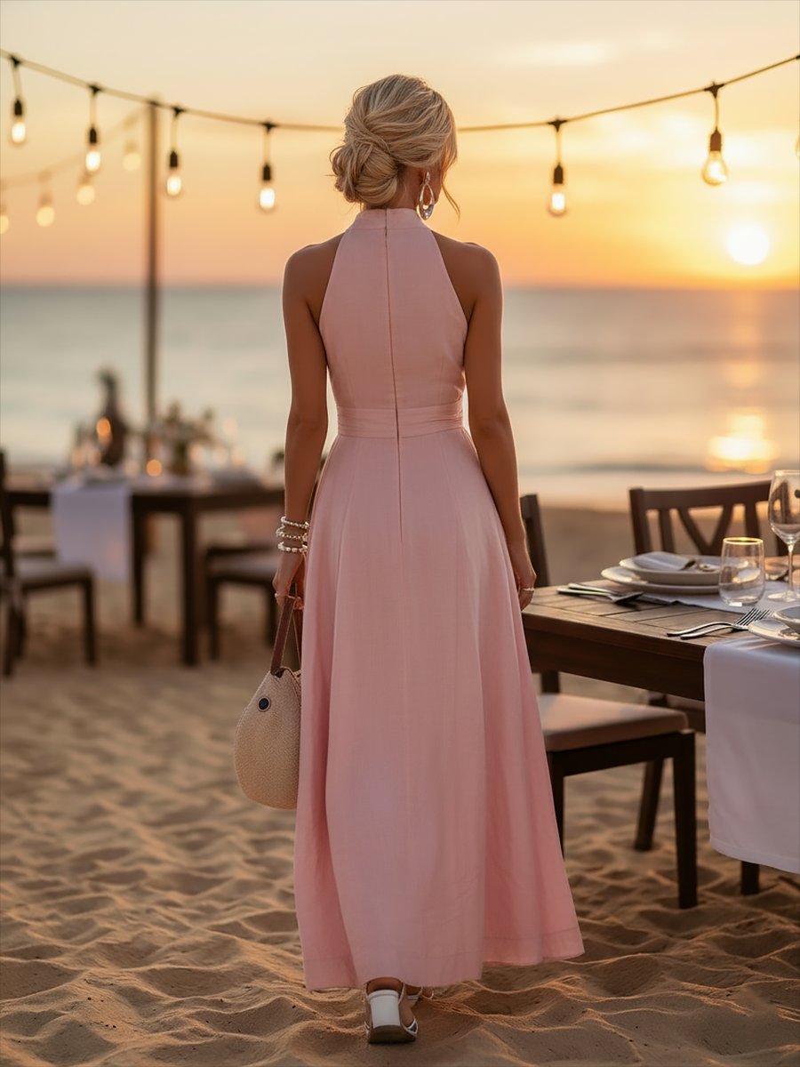 Julia Linen Blend Halter Maxi Dress with Ruched Waist