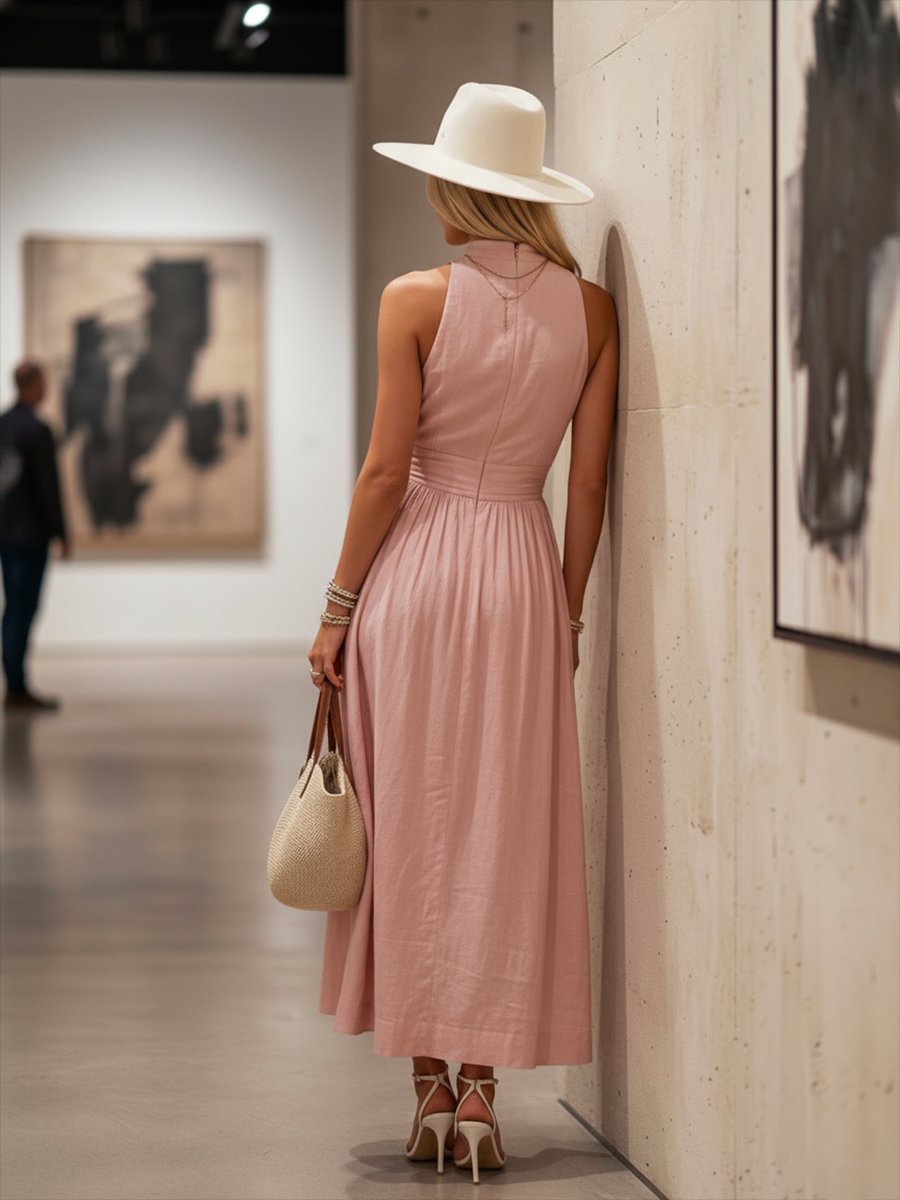 Julia Linen Blend Halter Maxi Dress with Ruched Waist