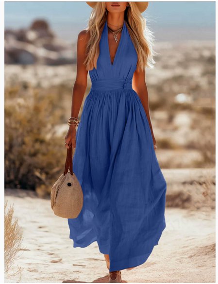 Julia Linen Blend Halter Maxi Dress with Ruched Waist – Blue
