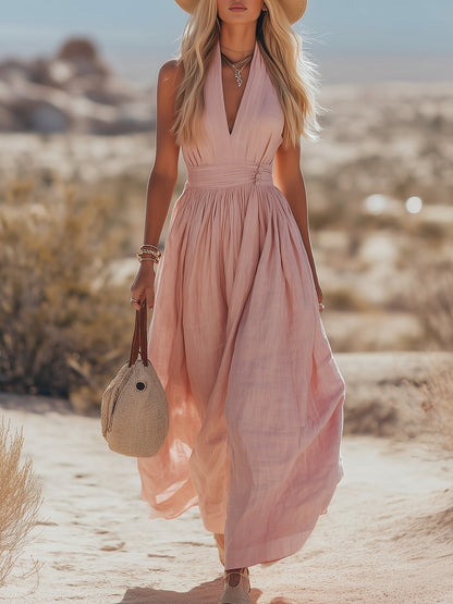 Julia Linen Blend Halter Maxi Dress with Ruched Waist – Pink
