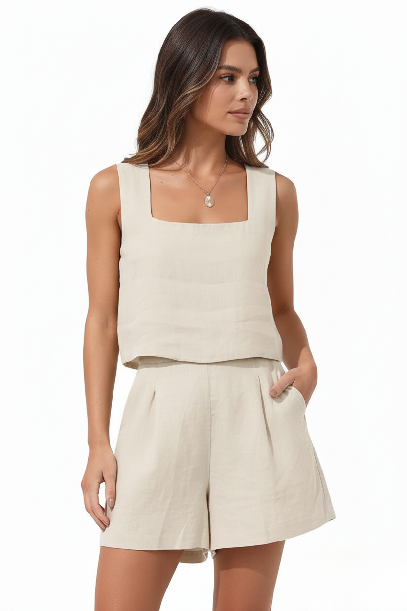 Kara Summer Linen Blend Short Set with Square-Neck Top