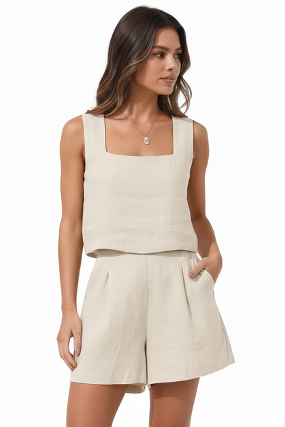 Kara Summer Linen Blend Short Set with Square-Neck Top