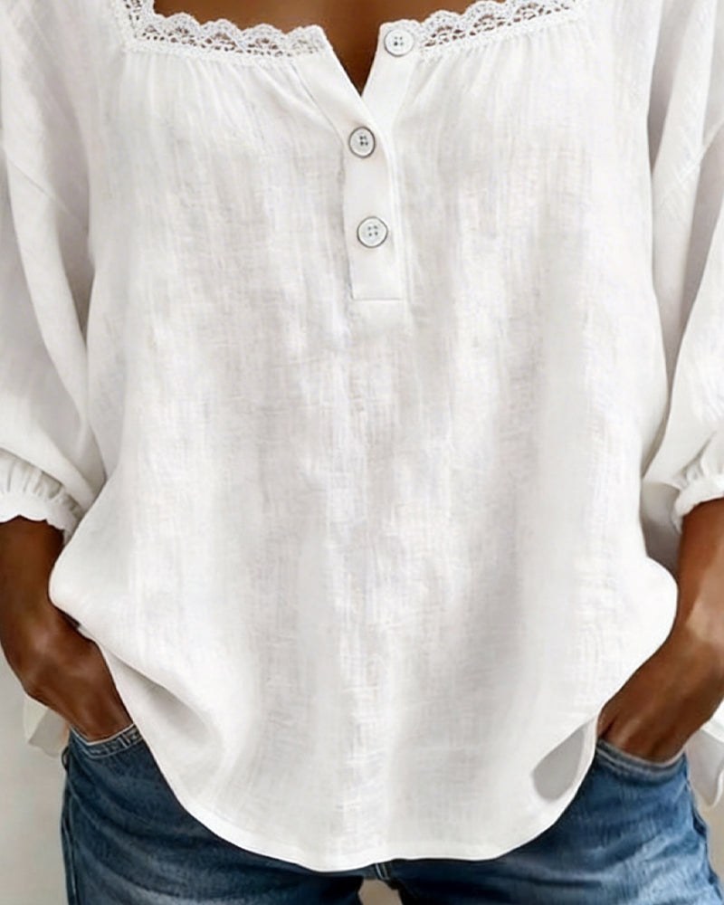 Kayla Chic Cotton-Linen Square Neck Blouse with Lace Trim