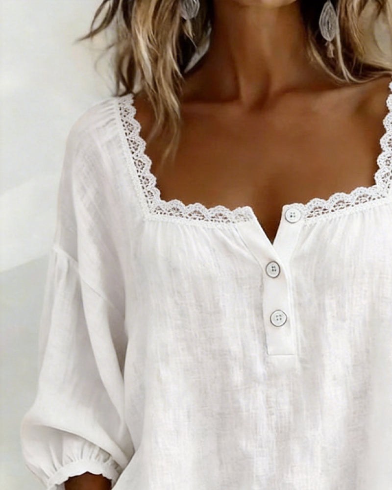 Kayla Chic Cotton-Linen Square Neck Blouse with Lace Trim