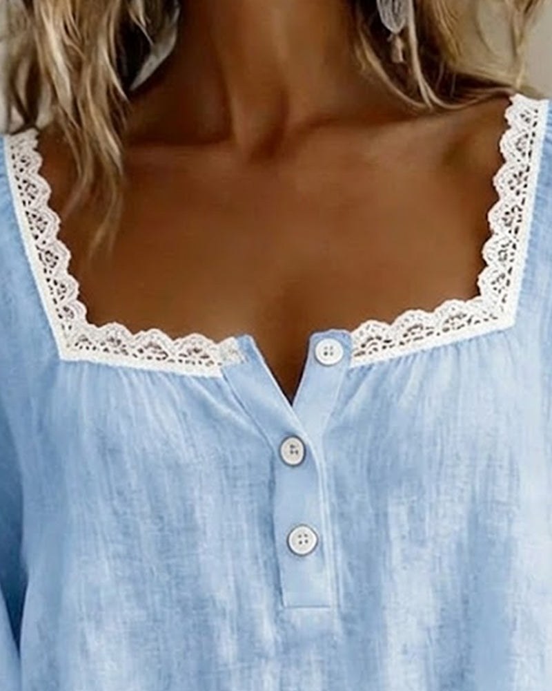 Kayla Chic Cotton-Linen Square Neck Blouse with Lace Trim