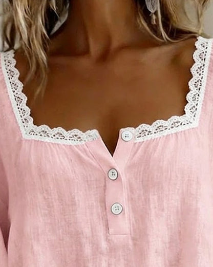 Kayla Chic Cotton-Linen Square Neck Blouse with Lace Trim