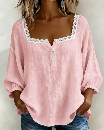 Kayla Chic Cotton-Linen Square Neck Blouse with Lace Trim – Pink