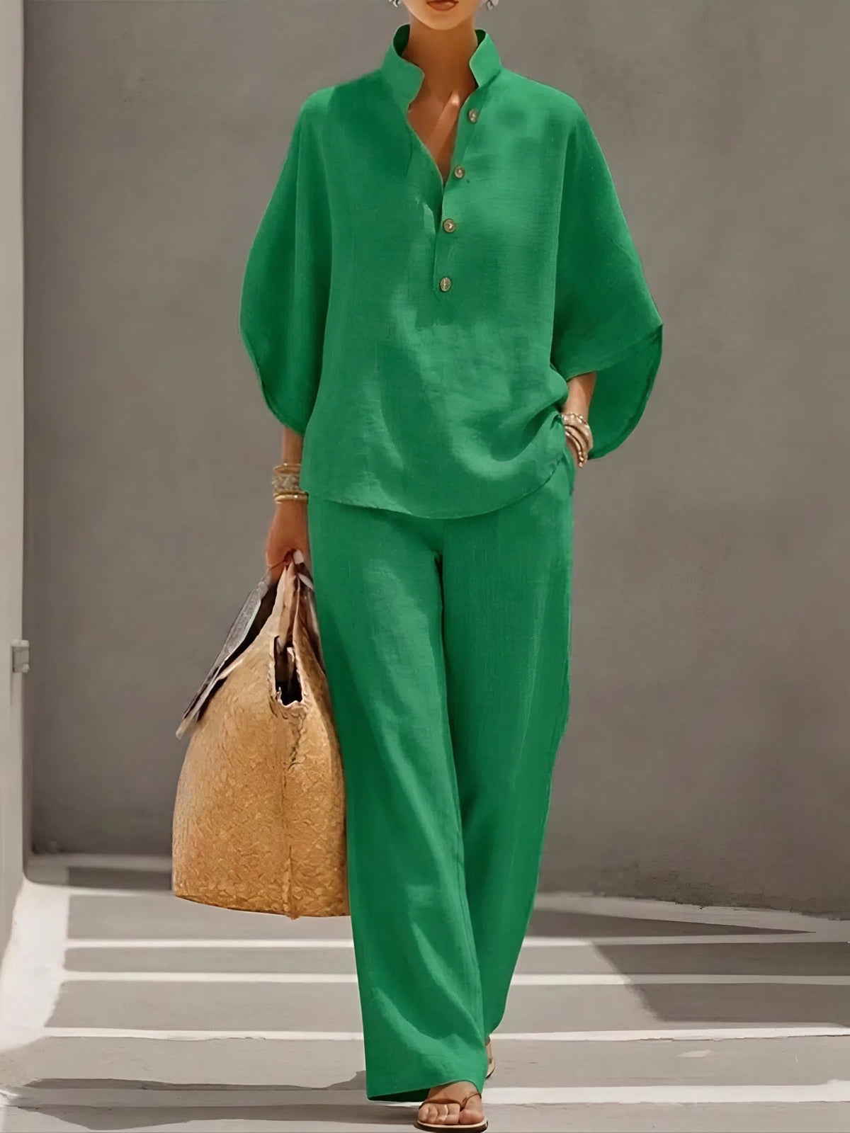 Keira Chic Linen-Look Wide-Leg Pants and Top Set – Green