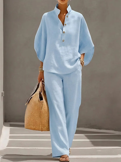 Keira Chic Linen-Look Wide-Leg Pants and Top Set – Light Blue