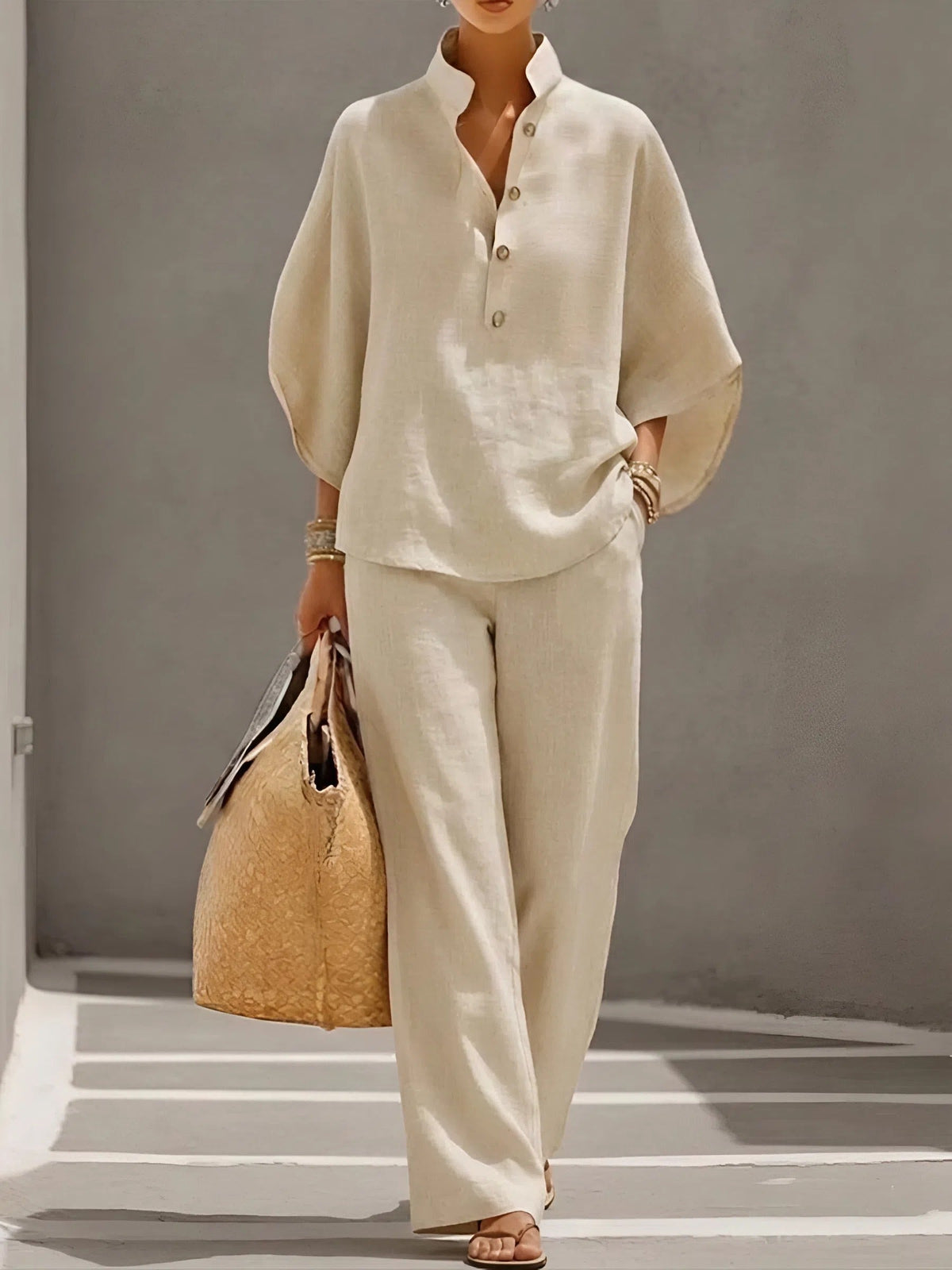 Keira Chic Linen-Look Wide-Leg Pants and Top Set – Sand