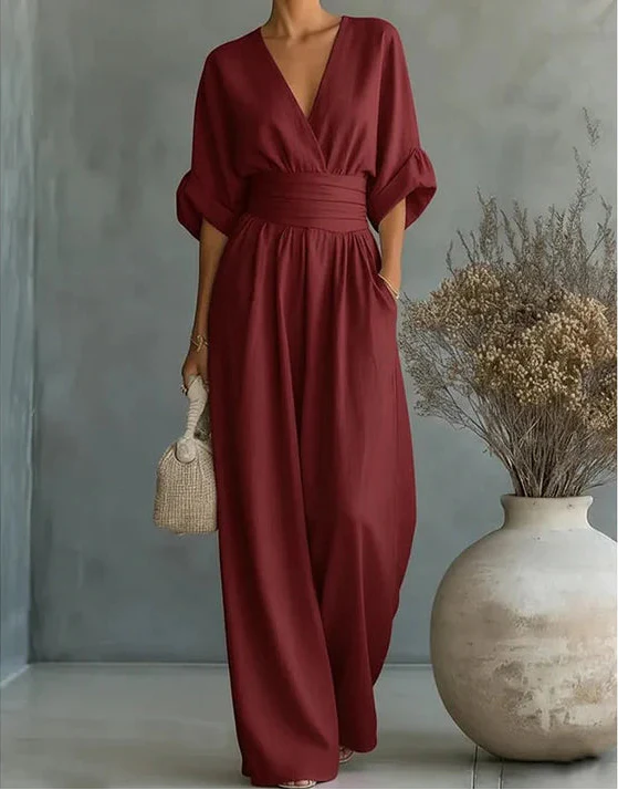 Kira Elegant Wrap Wide-Leg Jumpsuit with Batwing Sleeves – Burgundy