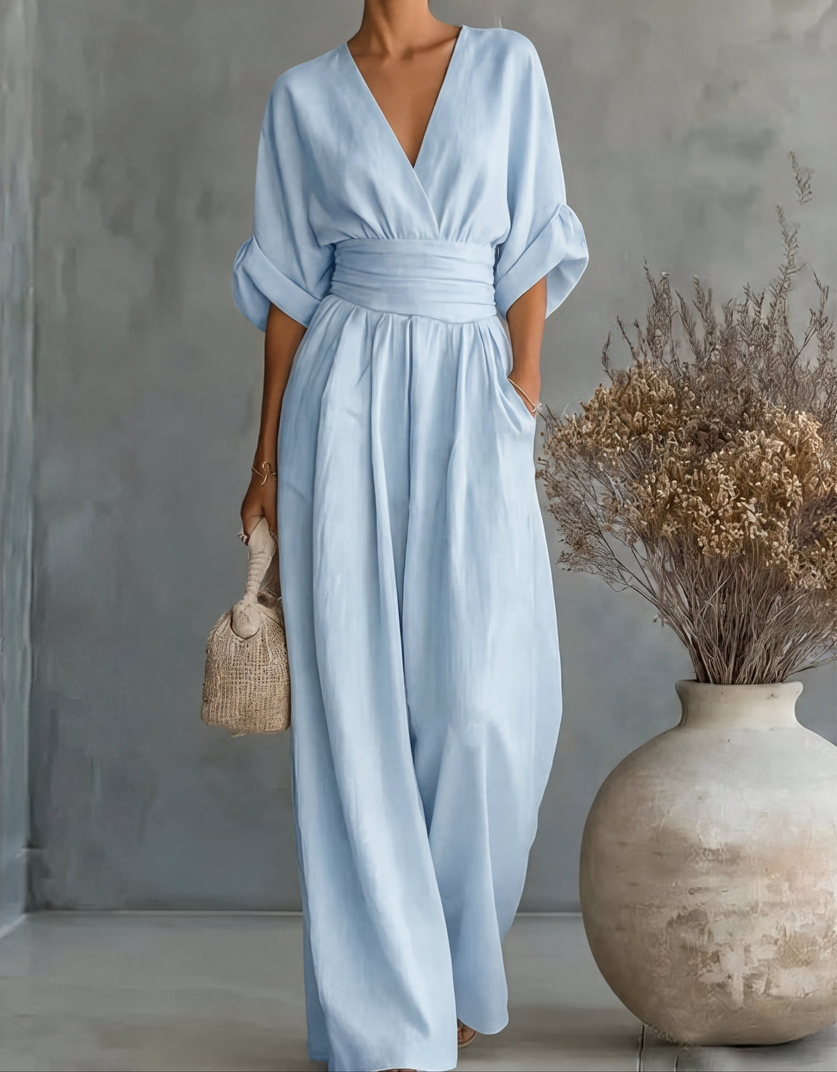 Kira Elegant Wrap Wide-Leg Jumpsuit with Batwing Sleeves – Light Blue