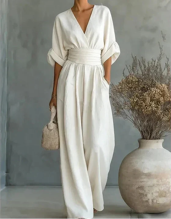 Kira Elegant Wrap Wide-Leg Jumpsuit with Batwing Sleeves – White