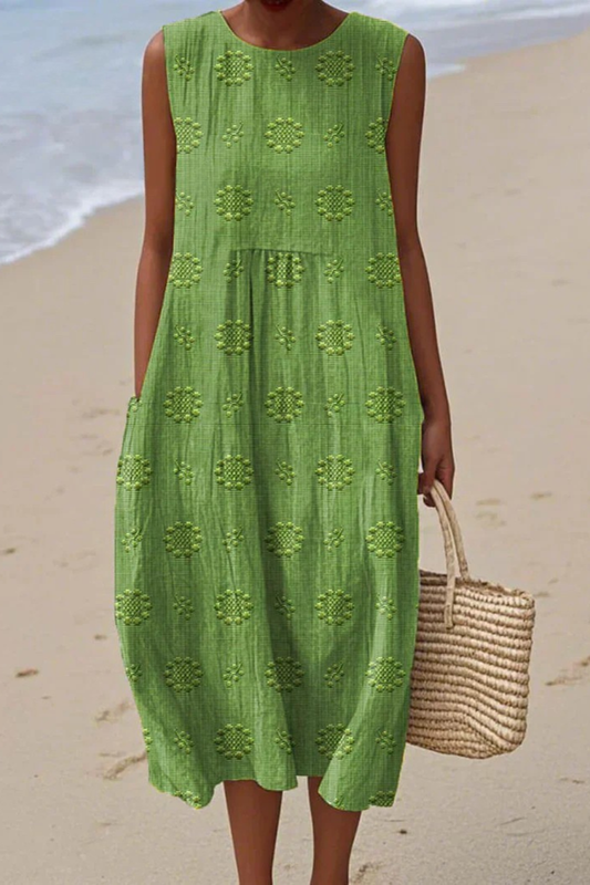 Lara Floral Embroidered Sleeveless Midi Dress – Green