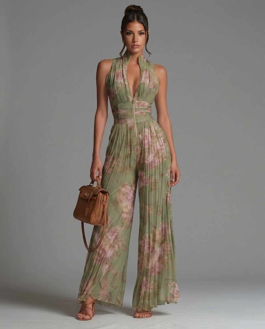 Laura Green Floral Halter Jumpsuit with Pleated Wide Leg