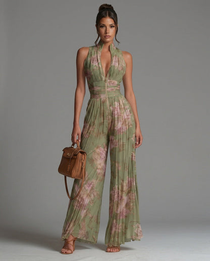 Laura Green Floral Halter Jumpsuit with Pleated Wide Leg
