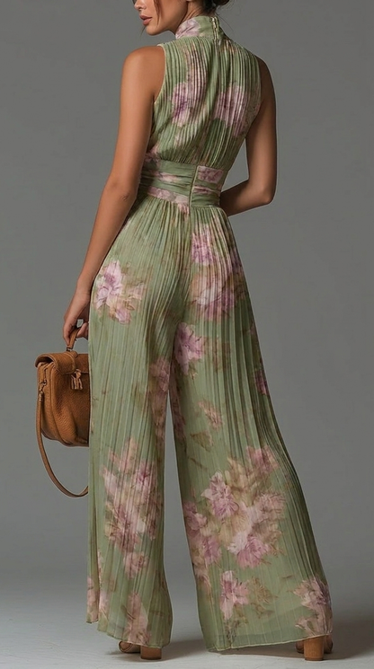 Laura Green Floral Halter Jumpsuit with Pleated Wide Leg