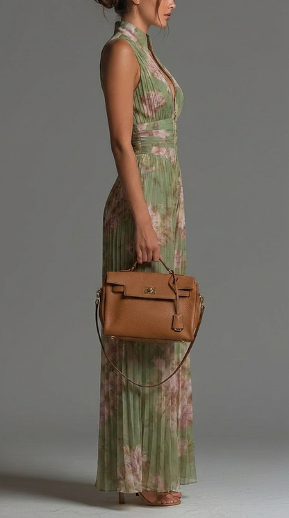 Laura Green Floral Halter Jumpsuit with Pleated Wide Leg