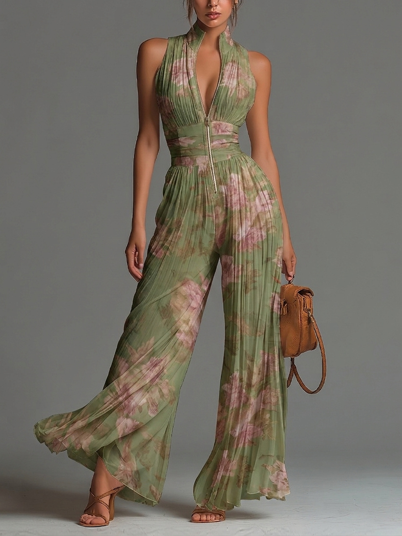 Laura Green Floral Halter Jumpsuit with Pleated Wide Leg