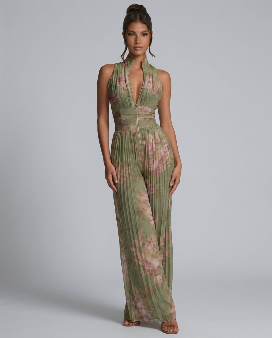Laura Green Floral Halter Jumpsuit with Pleated Wide Leg – Green