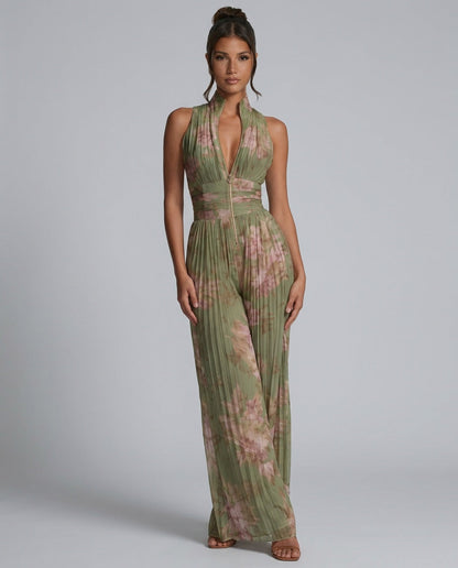 Laura Green Floral Halter Jumpsuit with Pleated Wide Leg – Green