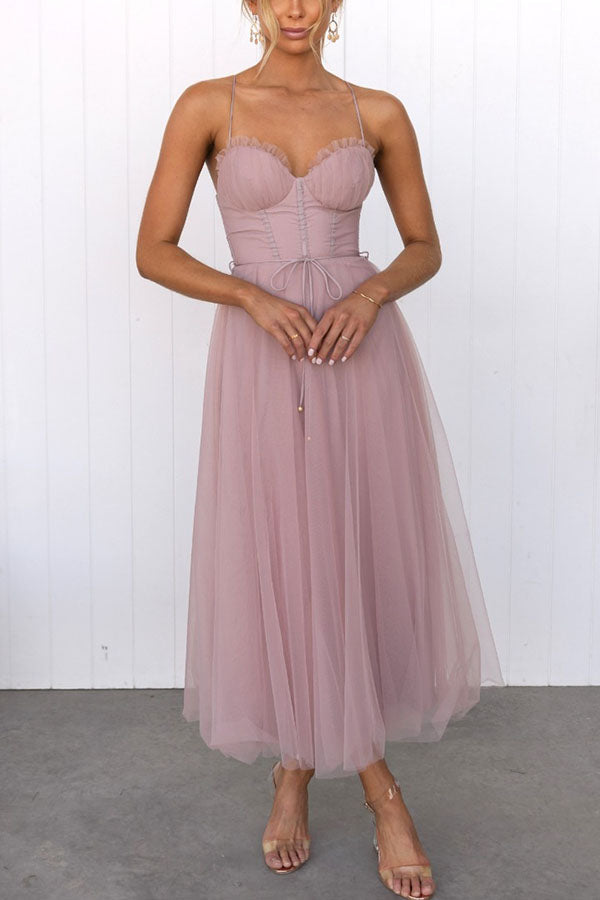 Leah Elegant Strappy Midi Dress with Tulle Skirt