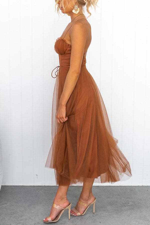 Leah Elegant Strappy Midi Dress with Tulle Skirt
