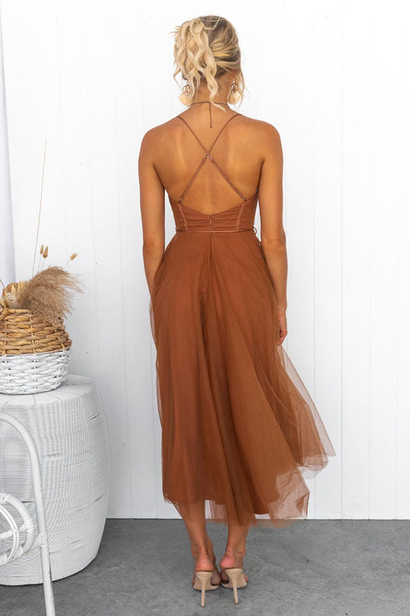 Leah Elegant Strappy Midi Dress with Tulle Skirt