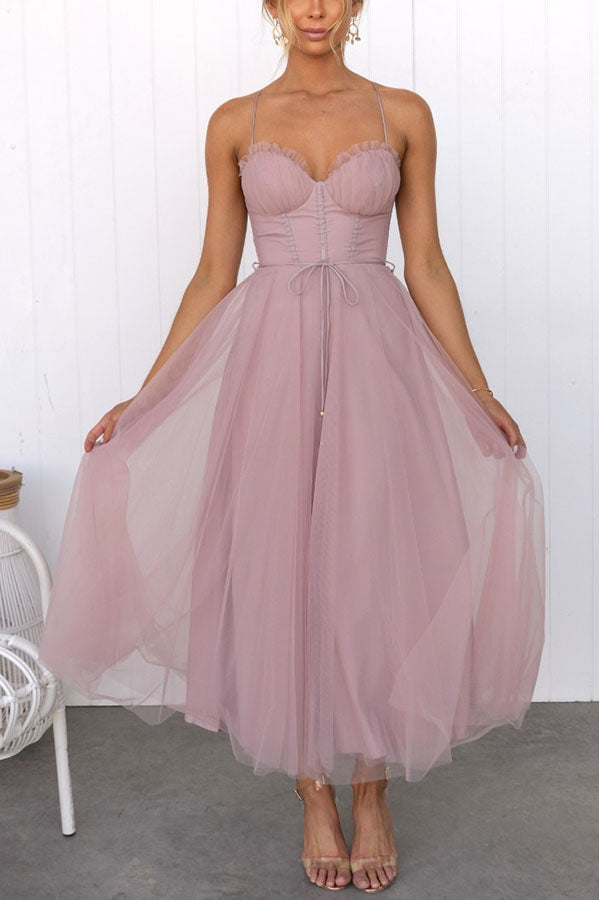 Leah Elegant Strappy Midi Dress with Tulle Skirt