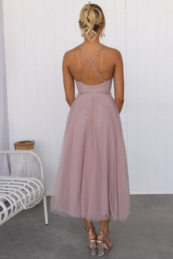 Leah Elegant Strappy Midi Dress with Tulle Skirt