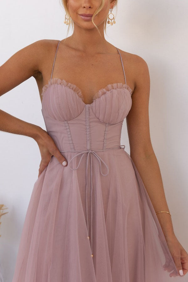 Leah Elegant Strappy Midi Dress with Tulle Skirt