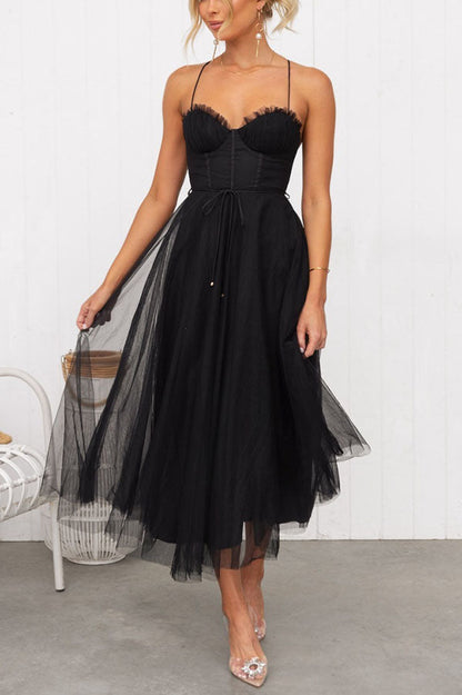 Leah Elegant Strappy Midi Dress with Tulle Skirt