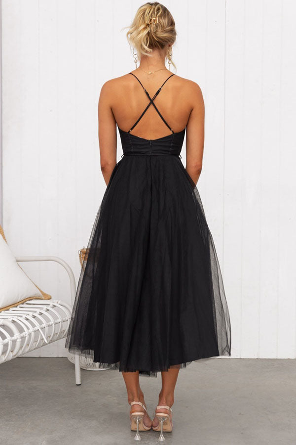 Leah Elegant Strappy Midi Dress with Tulle Skirt