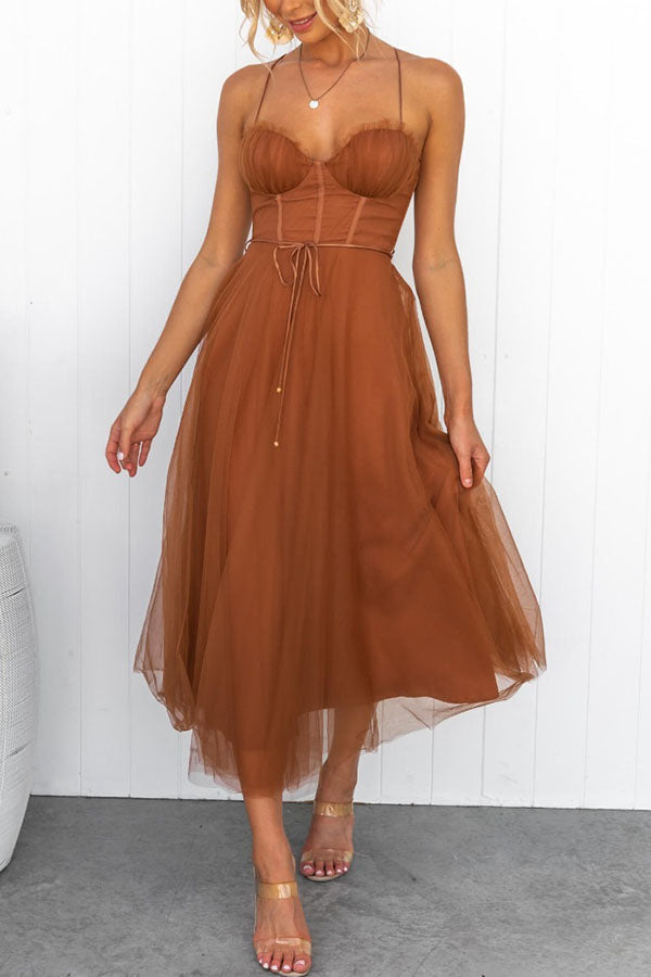 Leah Elegant Strappy Midi Dress with Tulle Skirt