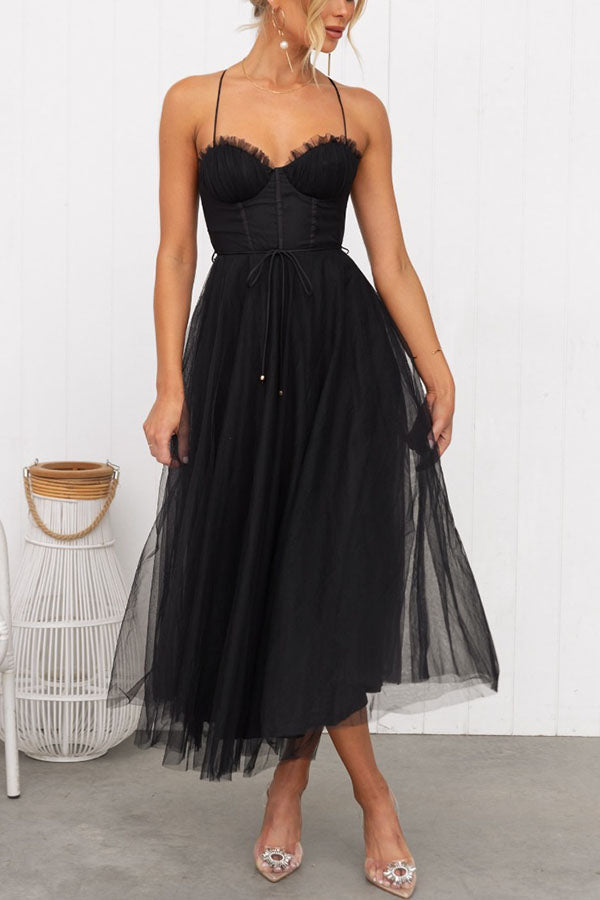 Leah Elegant Strappy Midi Dress with Tulle Skirt – Black