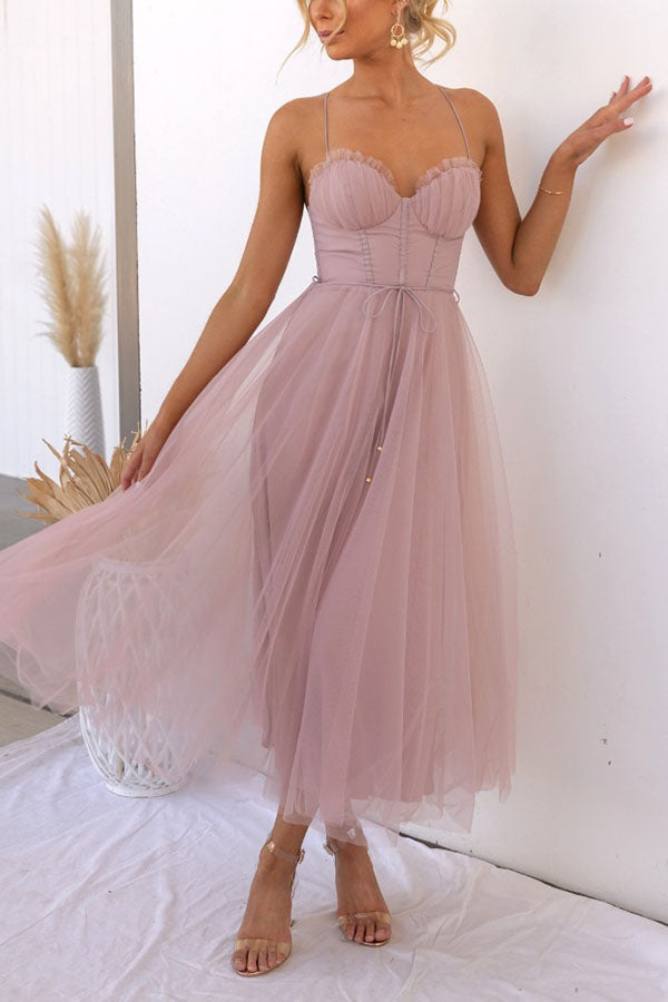 Leah Elegant Strappy Midi Dress with Tulle Skirt – Pink