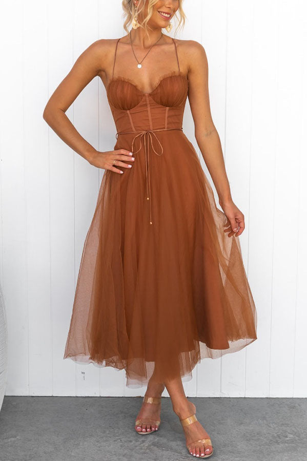 Leah Elegant Strappy Midi Dress with Tulle Skirt – Rust