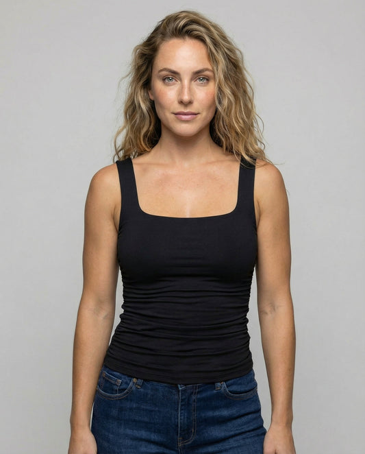 Leanne Ribbed Square Neck Tank Top with Ruched Sides – Black