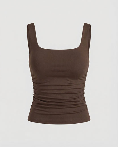 Leanne Ribbed Square Neck Tank Top with Ruched Sides – Brown