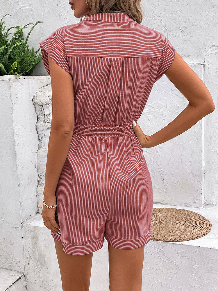 Lena Button-Front Short Jumpsuit with Tie Belt
