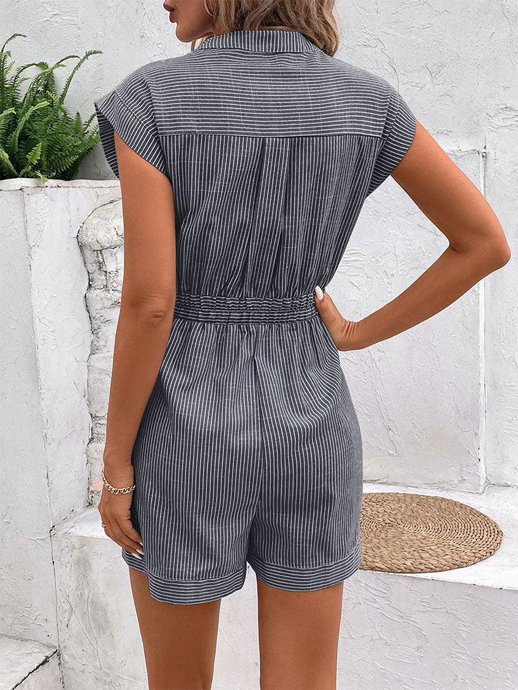 Lena Button-Front Short Jumpsuit with Tie Belt