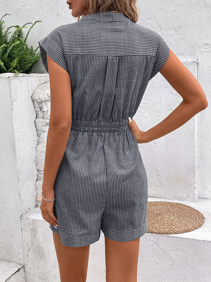 Lena Button-Front Short Jumpsuit with Tie Belt