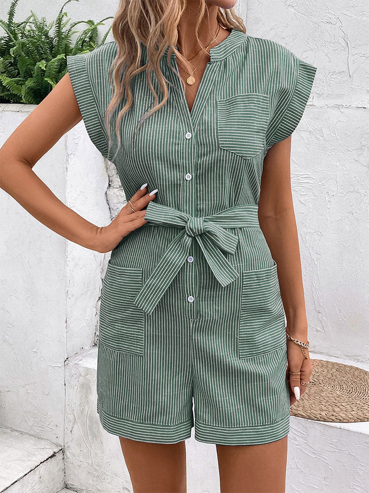 Lena Button-Front Short Jumpsuit with Tie Belt