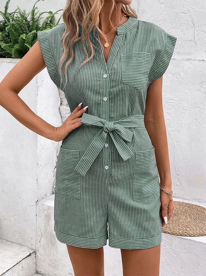 Lena Button-Front Short Jumpsuit with Tie Belt