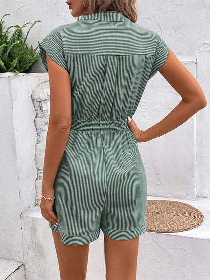 Lena Button-Front Short Jumpsuit with Tie Belt