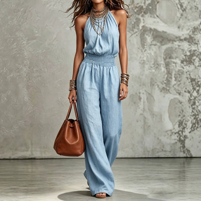 Lila Linen-Look Wide-Leg Halter Jumpsuit with Open Back – Light Blue