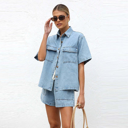 Lilian Cotton Blend Button-Down Shirt and Shorts Set