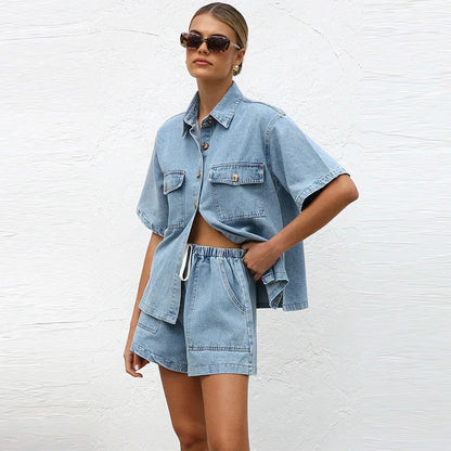 Lilian Cotton Blend Button-Down Shirt and Shorts Set