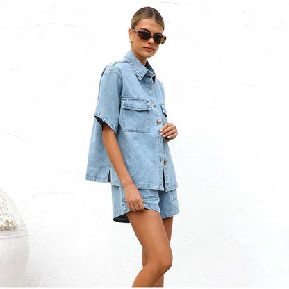 Lilian Cotton Blend Button-Down Shirt and Shorts Set